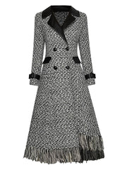 Woolen Plaid Double Breasted Asymmetric Tassel Overcoat
