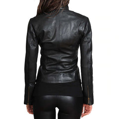 Zip Up Fitted Biker Women's Sheepskin Leather Jacket