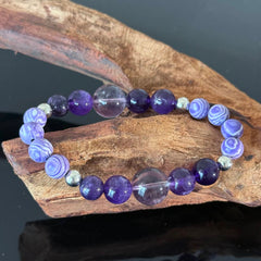 Handcrafted Amethyst and Purple Agate Bracelet — Lavender Gemstone Stretch Strand