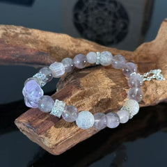 Handcrafted Lavender Amethyst & Rose Quartz Bracelet — Elegant, Healing Crystal Beaded Bracelet with Flower Charm