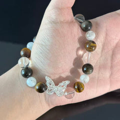 Tiger's Eye and Clear Quartz Bracelet (with Butterfly Charm) — A Handcrafted Beaded Bracelet Symbolizing Protection and Balanced Energy