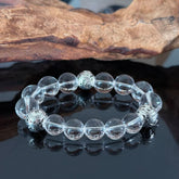 Clear Quartz Manual Beaded Bracelet with Silver Charm — Minimalist Healing Crystal Stretch Bracelet