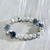 Blue Kyanite White Howlite Pearl Bow Beaded Bracelet, Calming Energy Crystal Bracelet for Women, Dainty Daily Wear Jewelry Gift