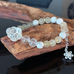 Handcrafted Natural White Crystal & Rutilated Quartz Beaded Bracelet — Adorned with White Turquoise and Crystal Flower Charms — Healing Energy Jewelry