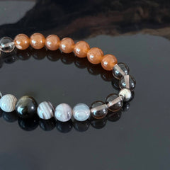 Sunstone, Black Agate & Clear Quartz Crystal Bracelet – Confidence, Protection & Energy Balance Gemstone Beaded Bracelet | Handmade Healing Jewelry