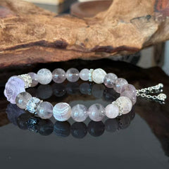 Handcrafted Lavender Amethyst & Rose Quartz Bracelet — Elegant, Healing Crystal Beaded Bracelet with Flower Charm