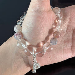 Clear Quartz & Frosted Crackle Agate Bracelet with Silver Charm – Healing Crystal Stretch Manual Bracelet