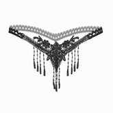 Embroidered Tassel Pearl Open Crotch Thong