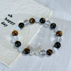 Tiger Eye Obsidian Clear Quartz Butterfly Charm Bracelet