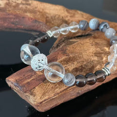 Handcrafted Bracelet featuring Black Onyx, Clear Quartz, and Grey-Veined Agate — A Gemstone Beaded Bracelet for Protection, Clarity, and Balance