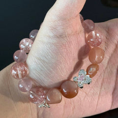 Pink Strawberry Quartz and Rose Crystal Bracelet – Handmade Gemstone Elastic Bracelet