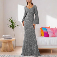 Shiny V-Neck Plus Size Evening Dress