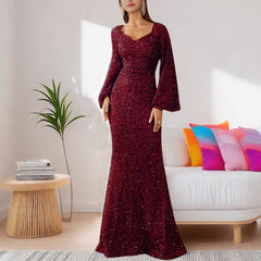 Shiny V-Neck Plus Size Evening Dress
