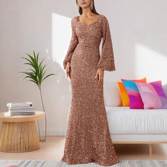 Shiny V-Neck Plus Size Evening Dress