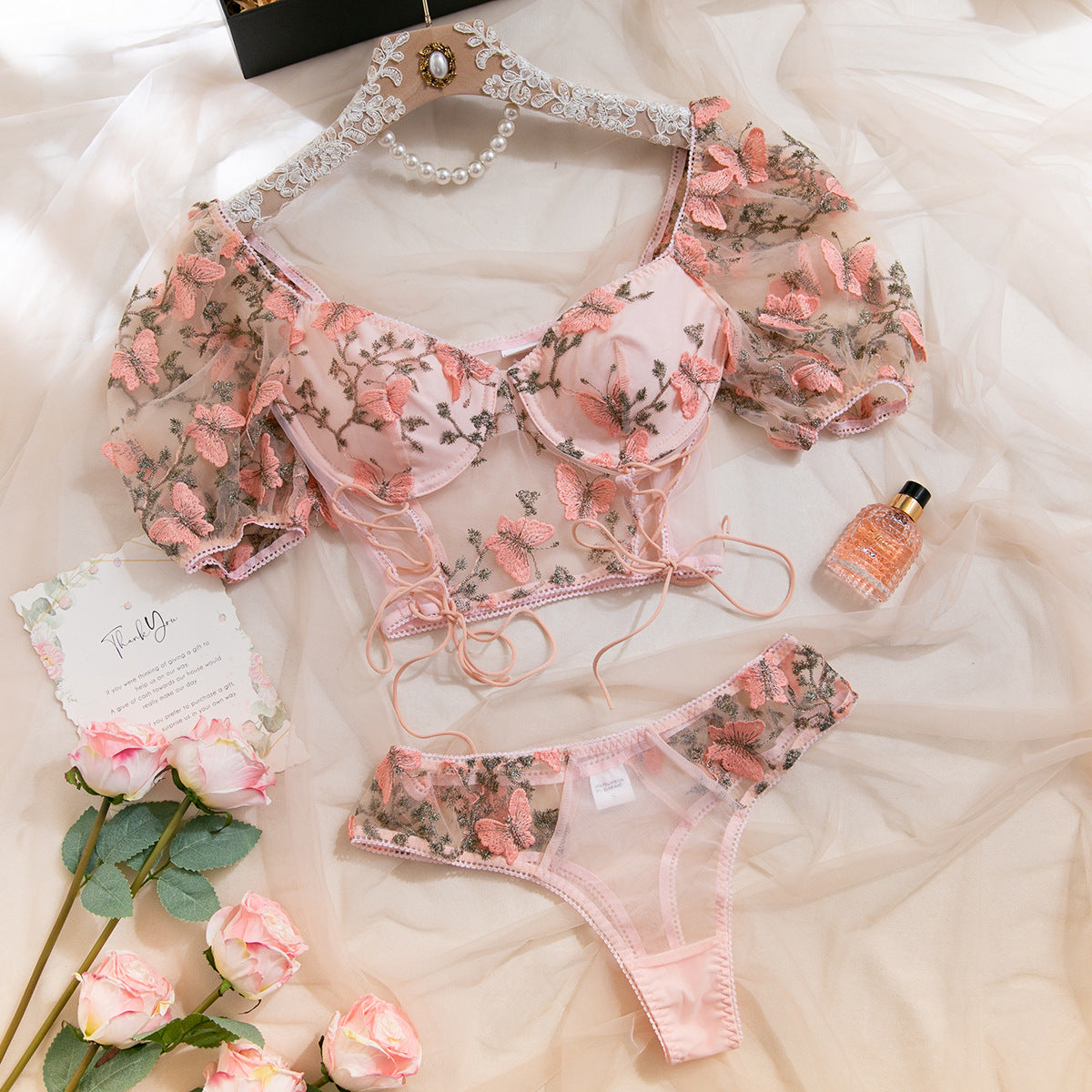 Butterfly Embroidery Puff Sleeves See - through Belly - exposing Slim Fit Hot Girl Lingerie