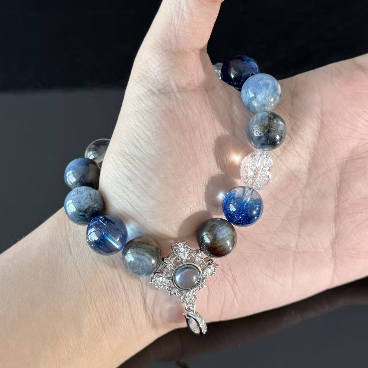Blue Galaxy Handmade Crystal Bracelet — Natural White Crystal, Aquamarine, and Labradorite Beaded Bracelet