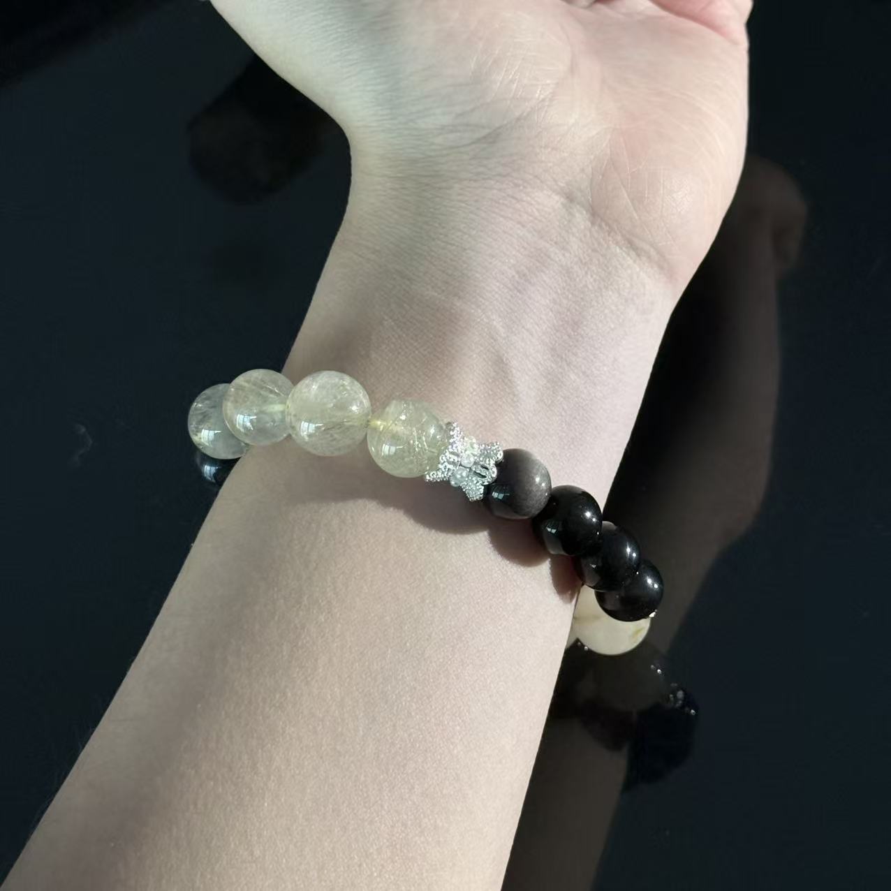 Handcrafted Natural Obsidian and White Crystal Bracelet — Protective and Balancing Healing Jewelry