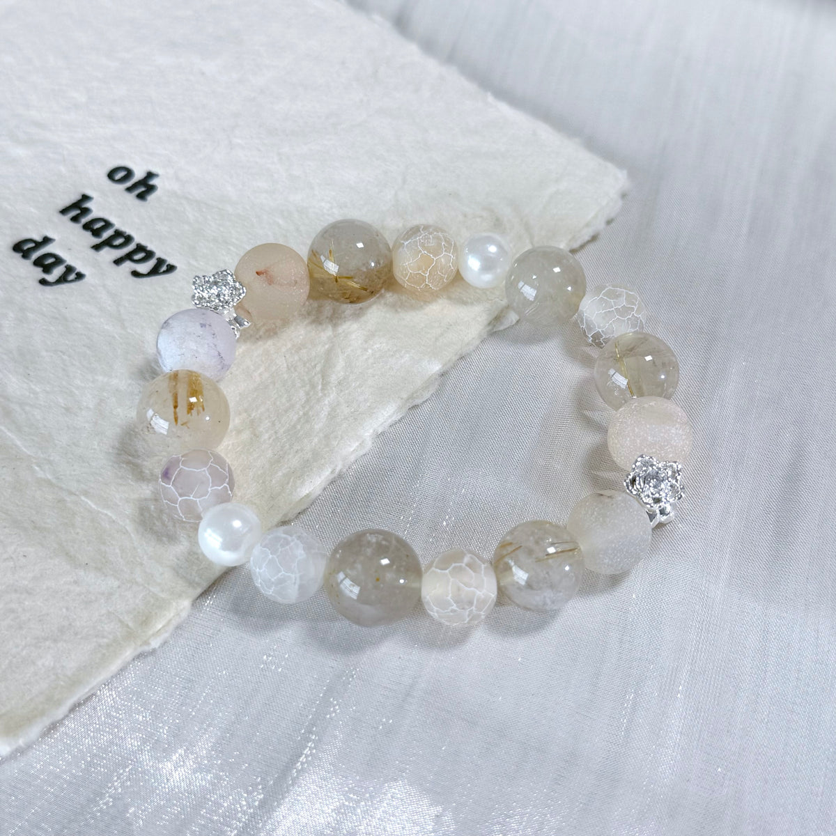 Ethereal White Quartz & Crackle Agate Handmade Bracelet