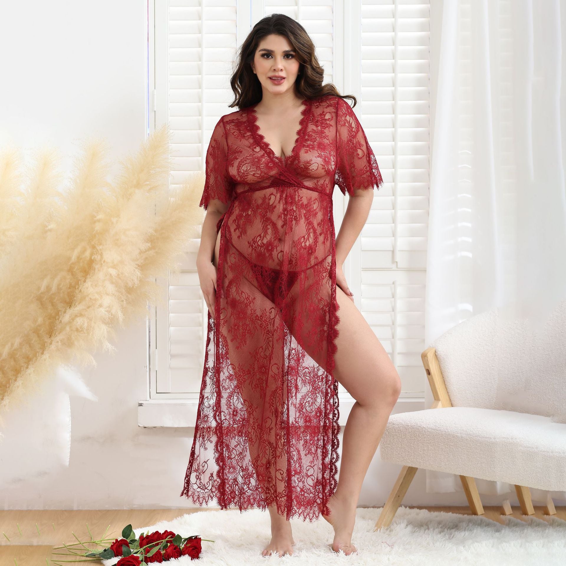 Lace Mesh See-through Big Dress Long-Sleeved Suit