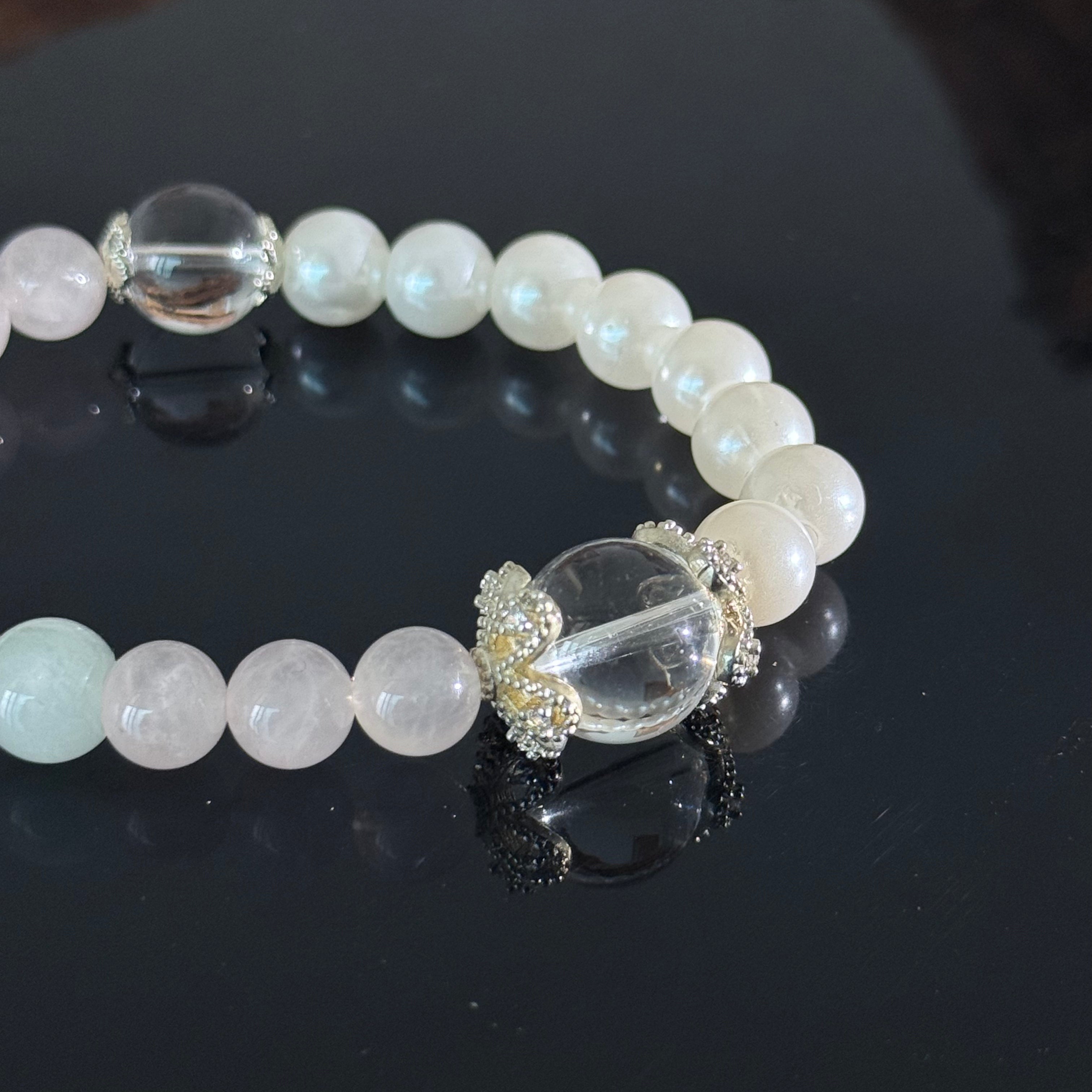 Aquamarine & Rose Quartz Crystal Bracelet with Clear Quartz Center Bead – Handmade Healing Energy Bracelet