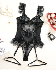 Floral Lace Ruffle Trim Garter Bodysuit