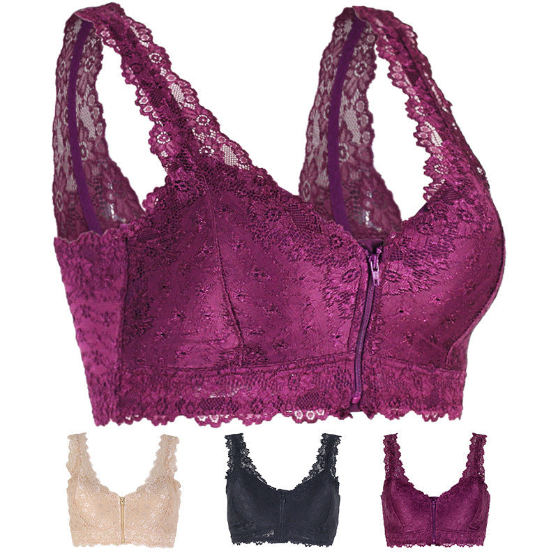 Zip Front Lace Push Up Bra