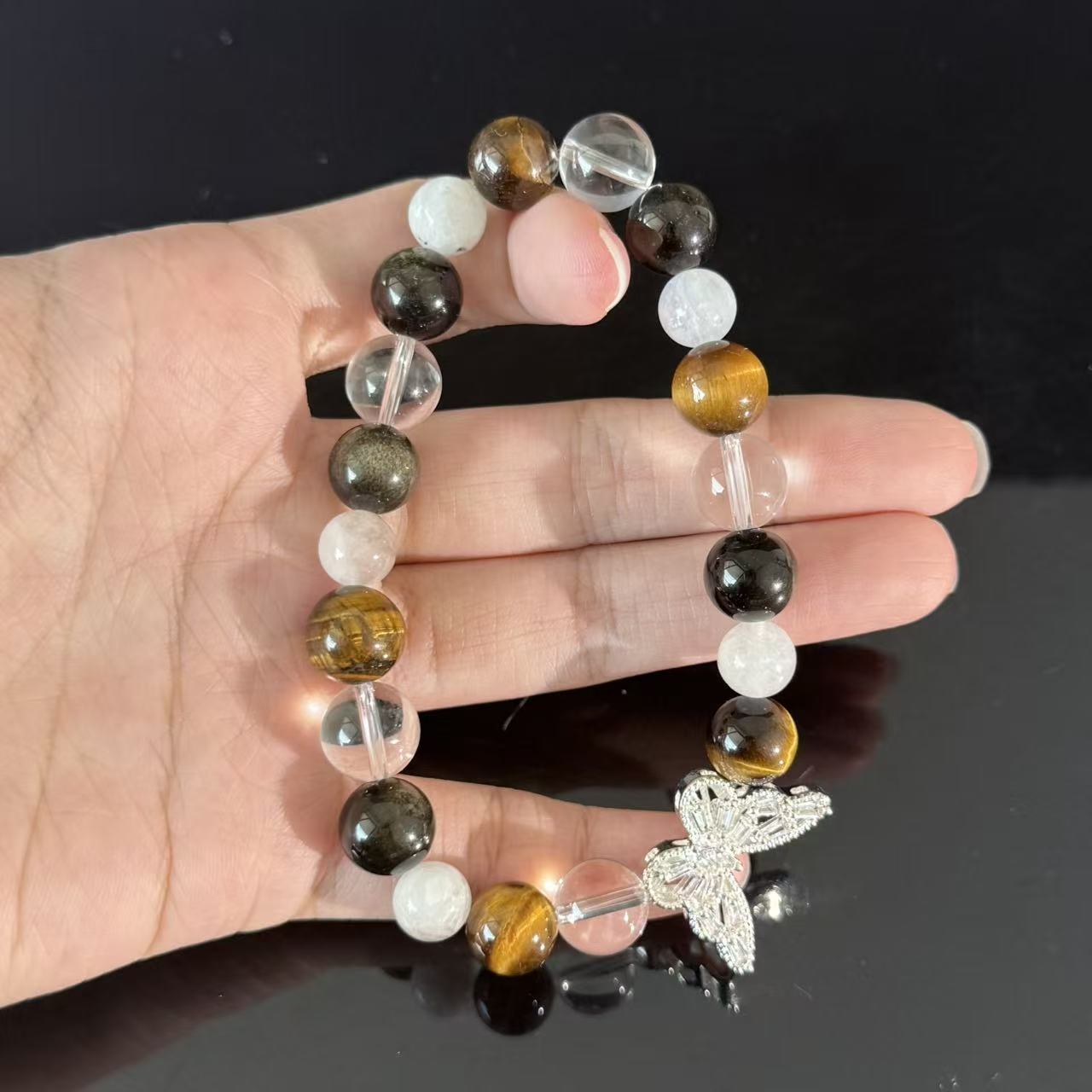 Tiger's Eye and Clear Quartz Bracelet (with Butterfly Charm) — A Handcrafted Beaded Bracelet Symbolizing Protection and Balanced Energy