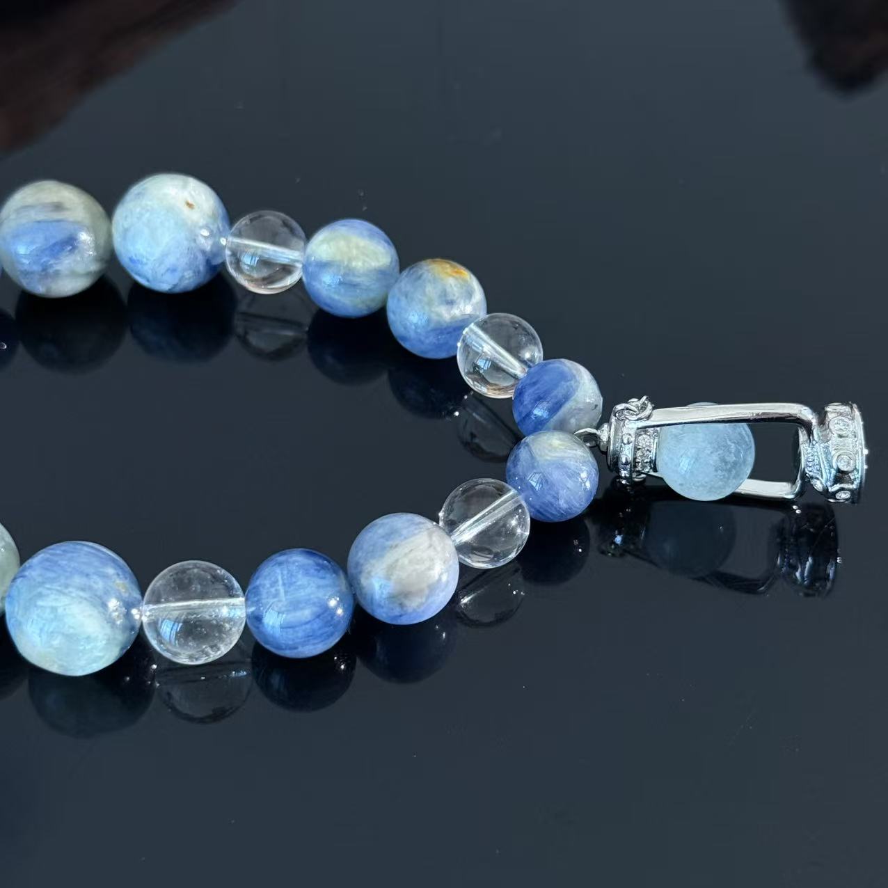 Blue Kyanite & Clear Quartz Crystal Bracelet with Pendant Charm – Handmade Calming Energy Beaded Bracelet