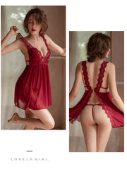 Sizzling Sleepwear Back - Slit Transparent Lace Chemise with V - Neck Design