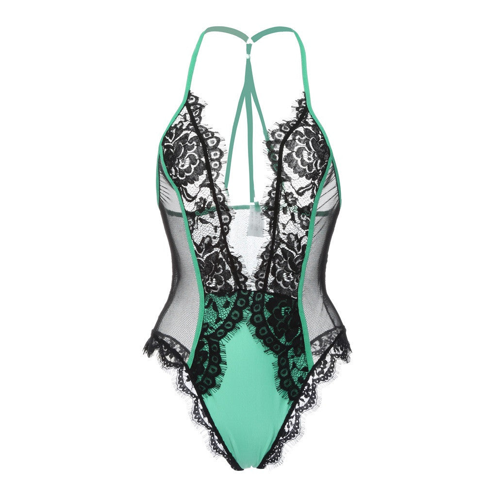 Plus-Size Lace Mesh See-Through Halter Jumpsuit Lingerie
