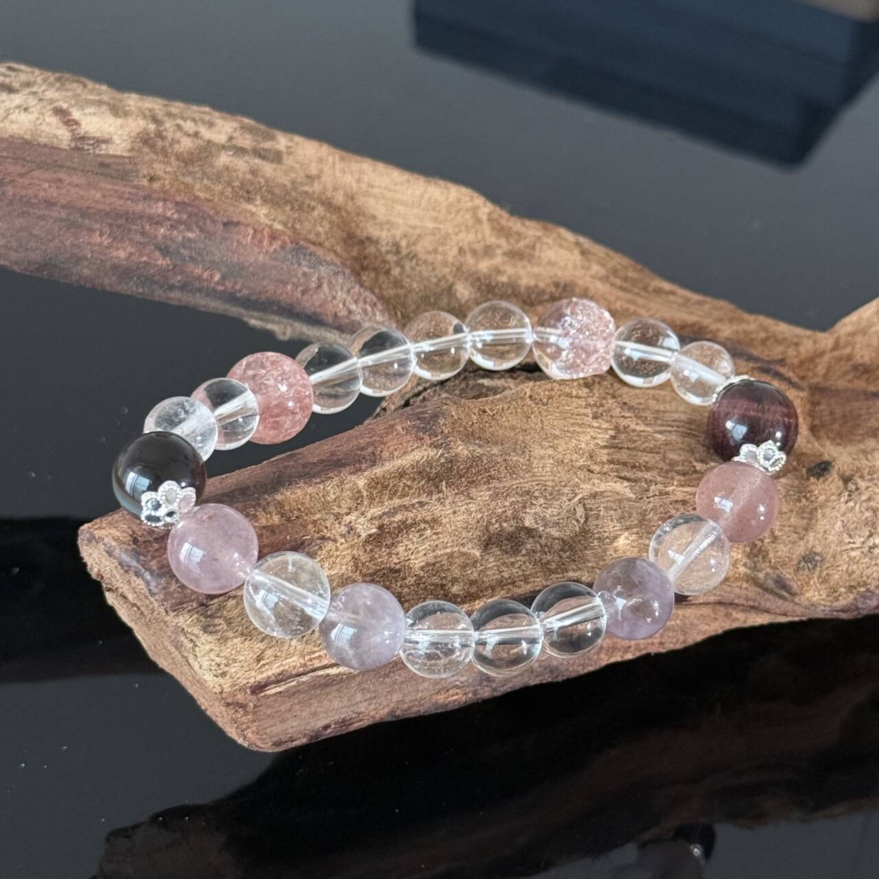 Handcrafted White Crystal & Pink Cracked Crystal Bracelet — A Healing Beaded Bracelet Promoting Love Clarity and Balance
