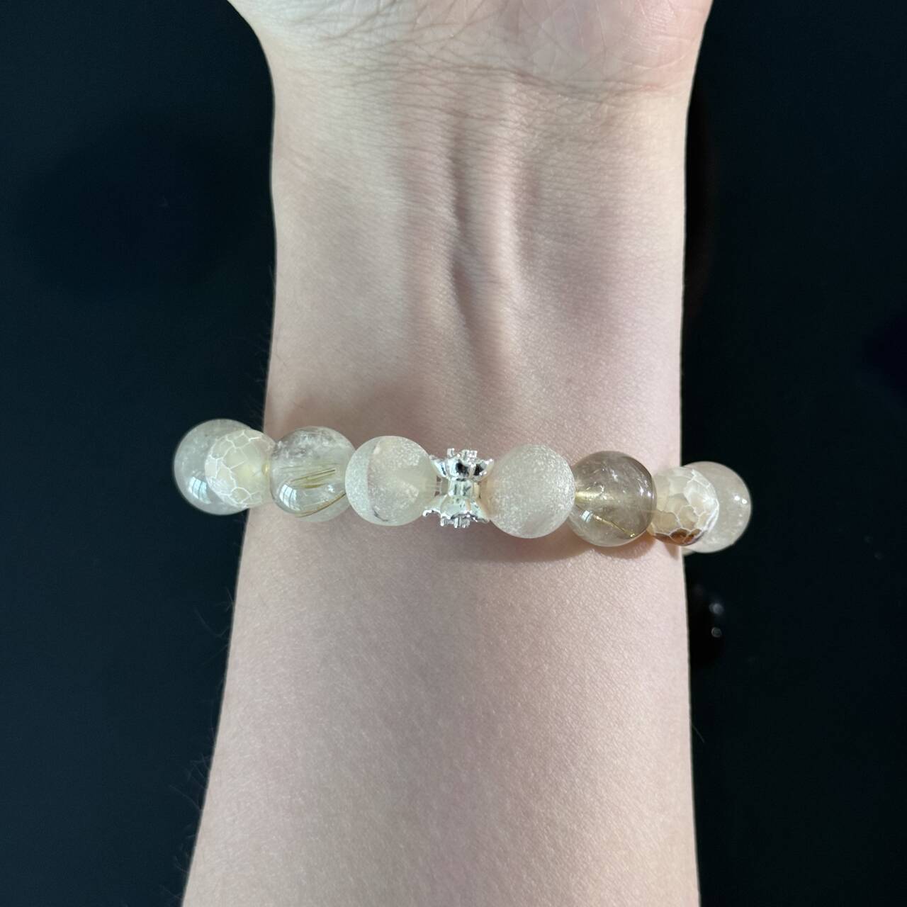 Handcrafted Natural Titanium Quartz & Frosted Agate Bracelet — White Crystal Healing Beaded Stretch Bracelet