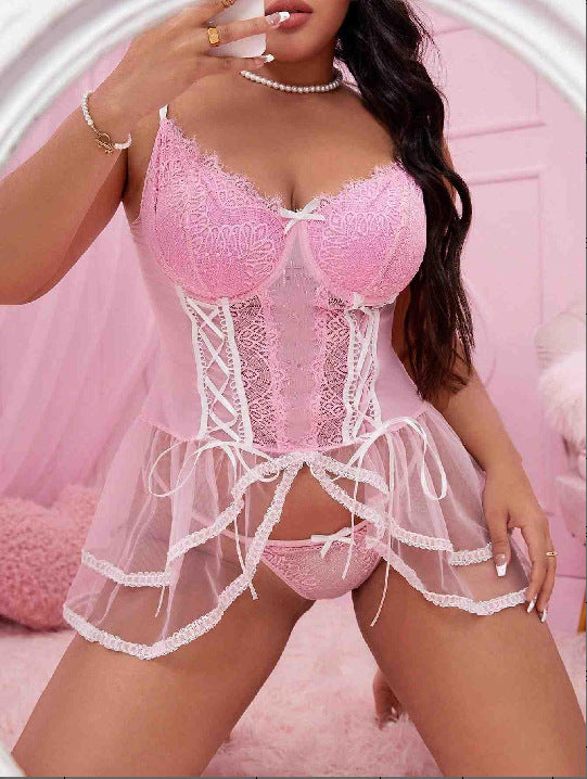 Plus Size Lingerie Set with Backless Design Tight-fitting One-piece of Transparent Lace