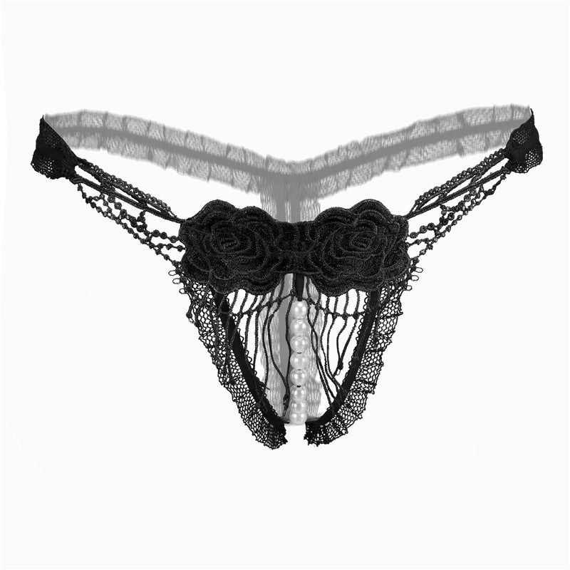 Open Crotch Mesh Flower Embroidery Thong