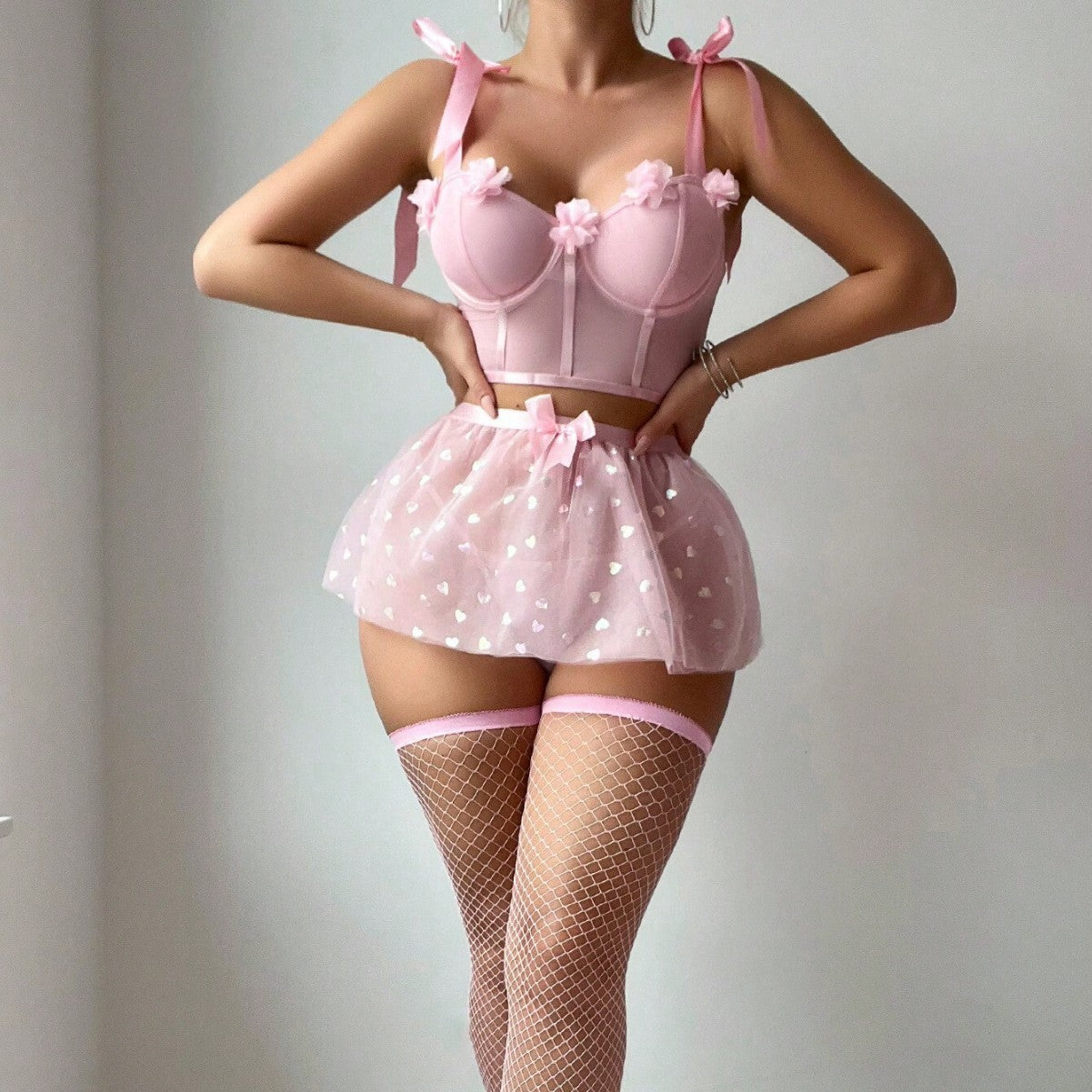 Three-Dimensional Flower Bow Tie Lace-up Sequins Tulle Skirt Lingerie Set