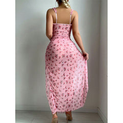 Floral Print See-through Mesh Halter Nightgown