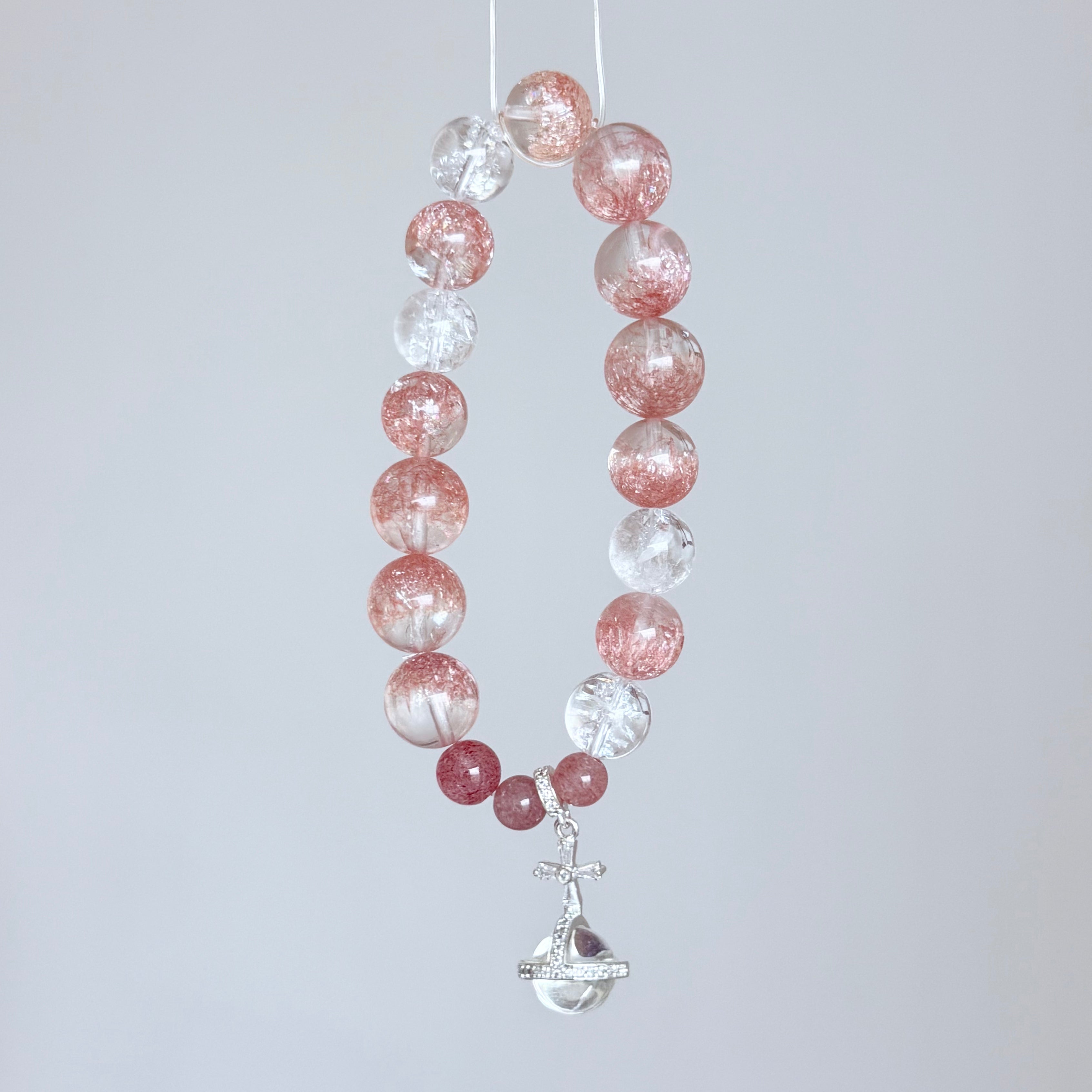 Strawberry Quartz & Clear Quartz Bracelet with Planet Charm
