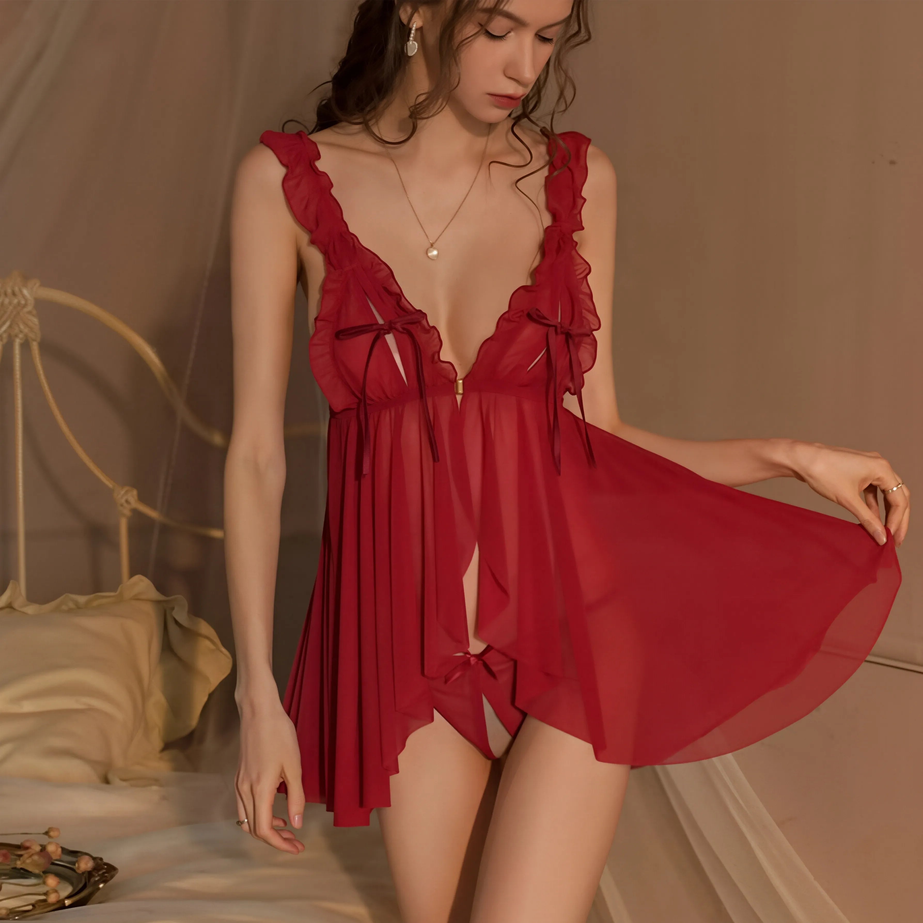Mesh See-through Two Piece Babydoll Lingerie