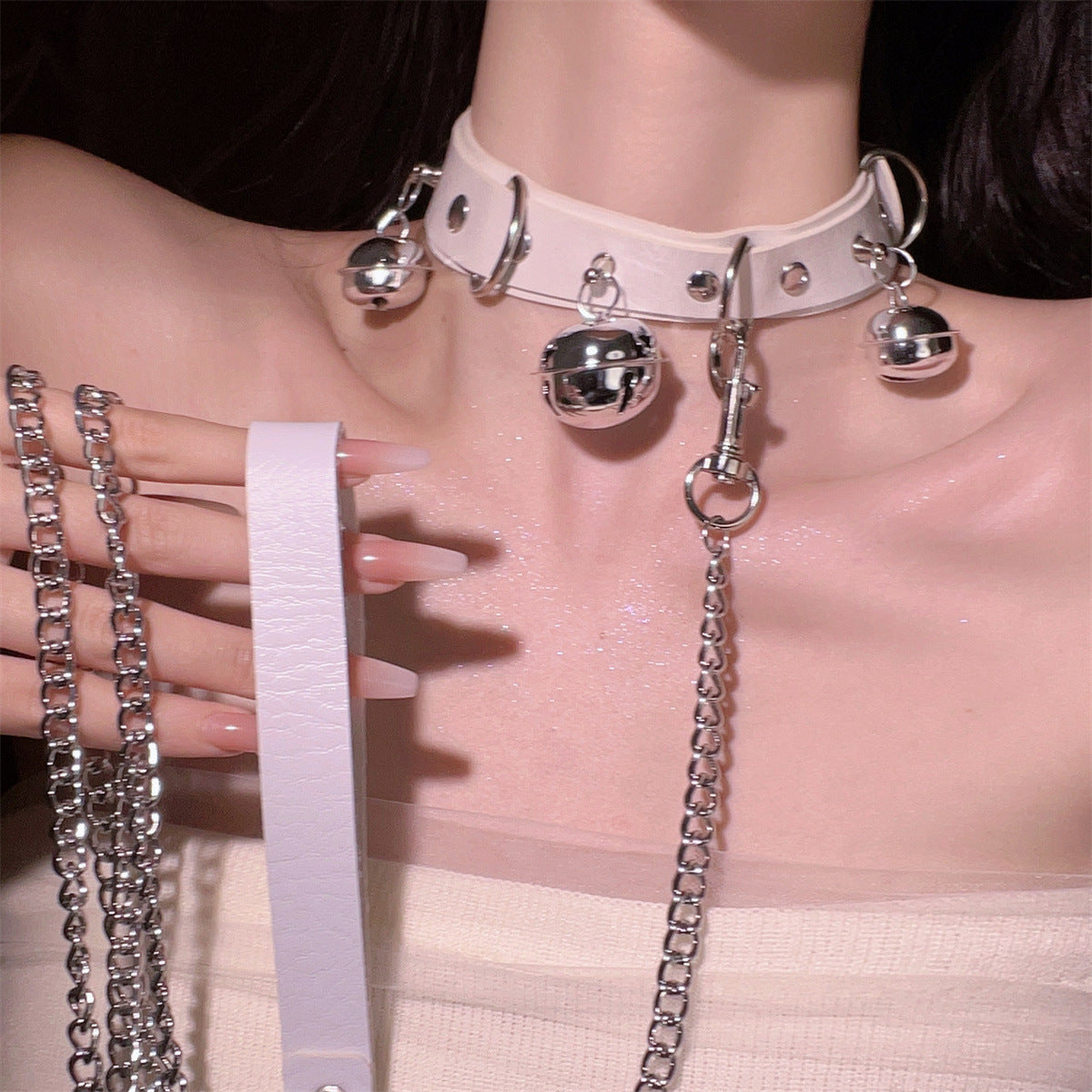 Three Bell Choker Leather Collar with Chain