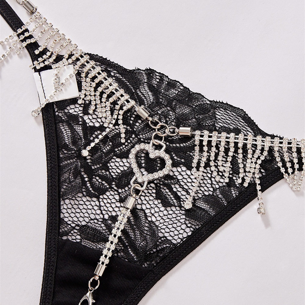 Tantalizing Lace G String Thongs with Metal Rhinestones Fringe Heart Design