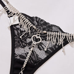 Tantalizing Lace G String Thongs with Metal Rhinestones Fringe Heart Design