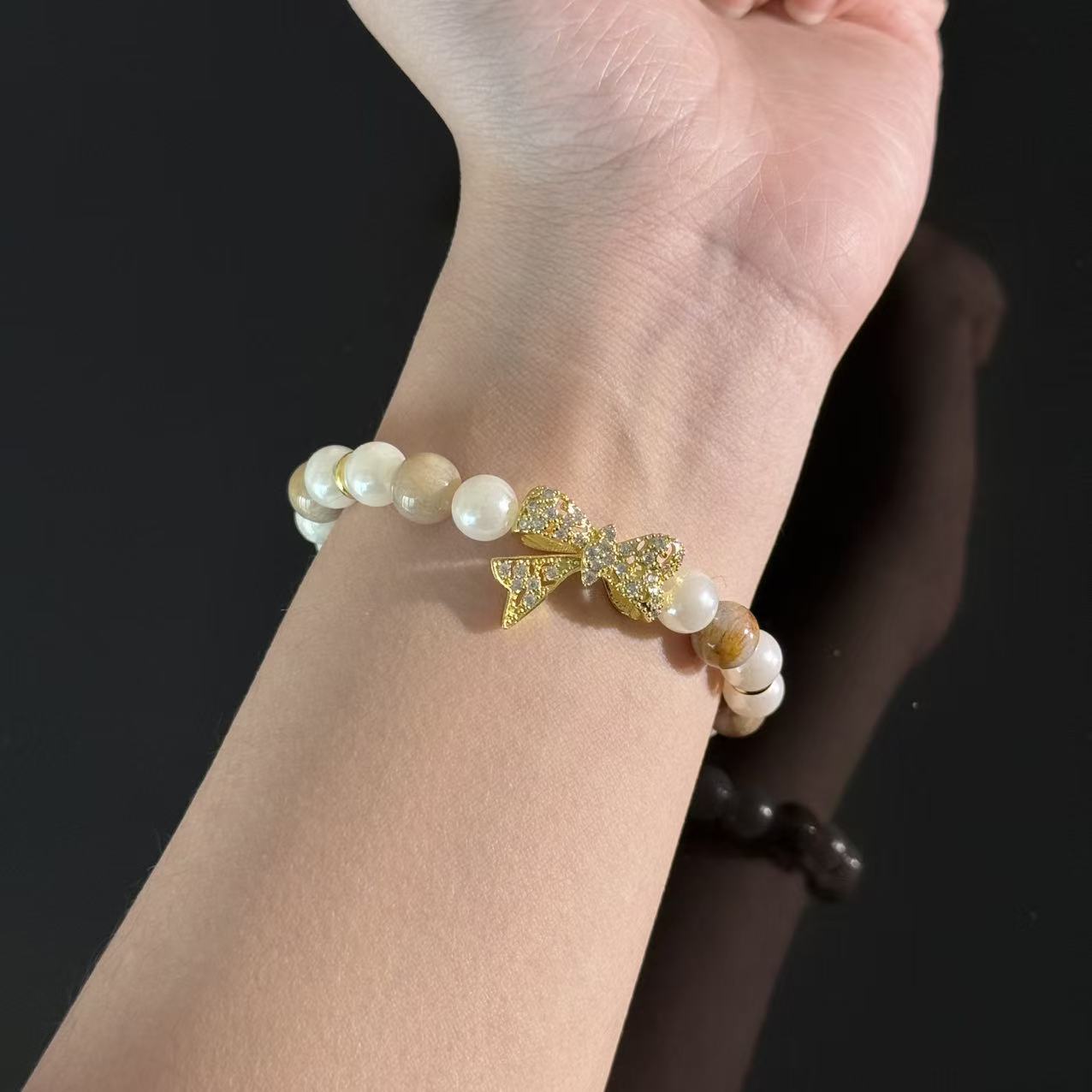 Moonstone & Clear Quartz Crystal Bracelet – Handmade White Gemstone Bracelet With Gold Bow Charm