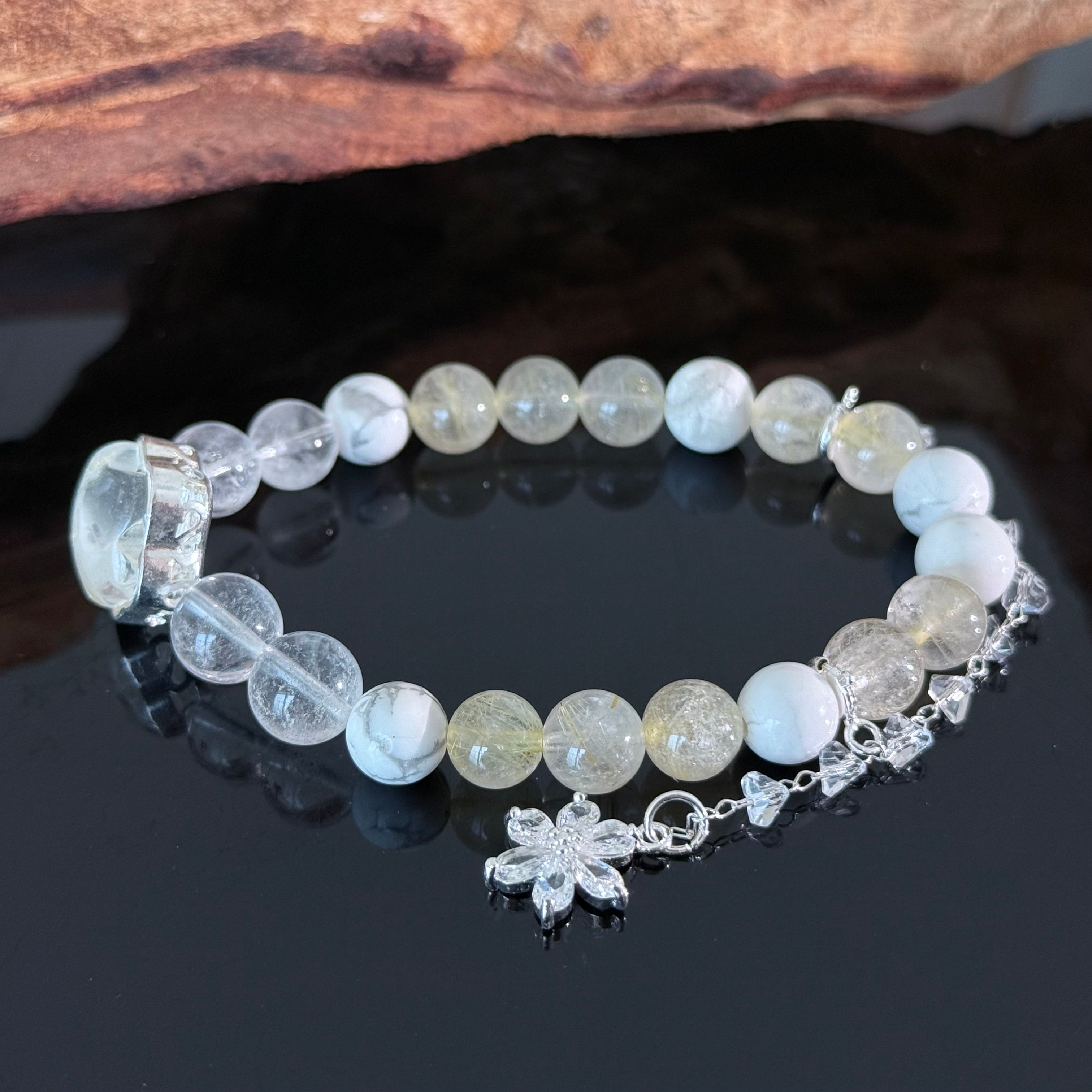 Handcrafted Natural White Crystal & Rutilated Quartz Beaded Bracelet — Adorned with White Turquoise and Crystal Flower Charms — Healing Energy Jewelry