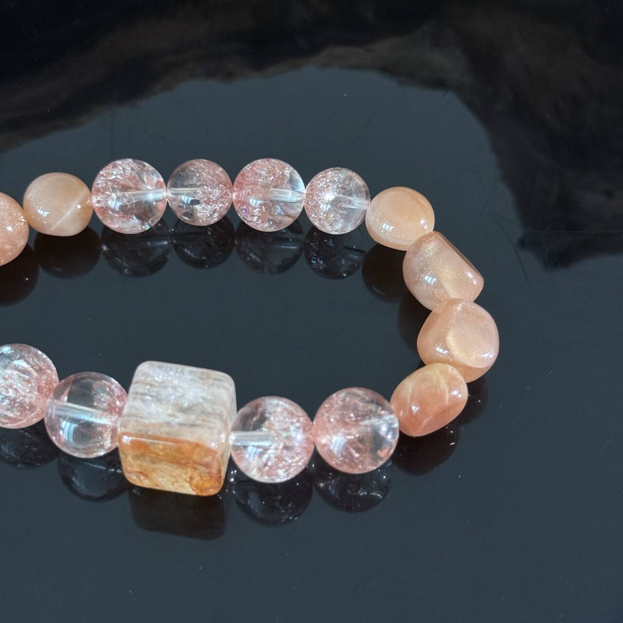 Handcrafted Rose Quartz & Strawberry Quartz Bracelet — Healing Love Energy Beaded Stretch Bracelet Featuring a Center Stone