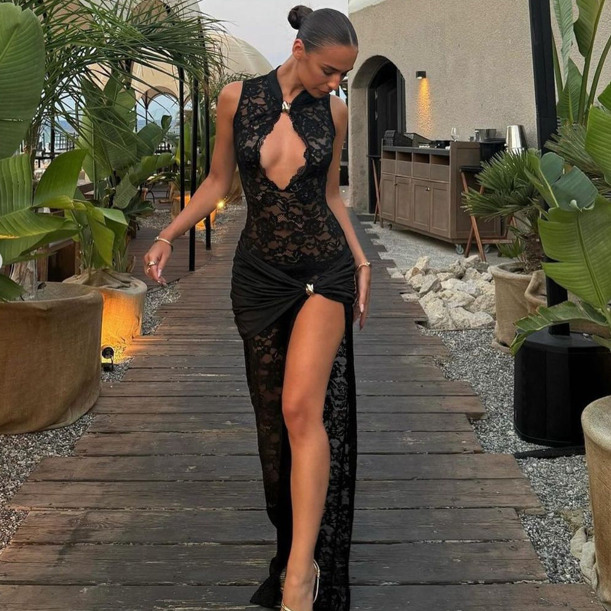 Elegant Black Floral Lace Gown with High Side Slit & Twisted Detail