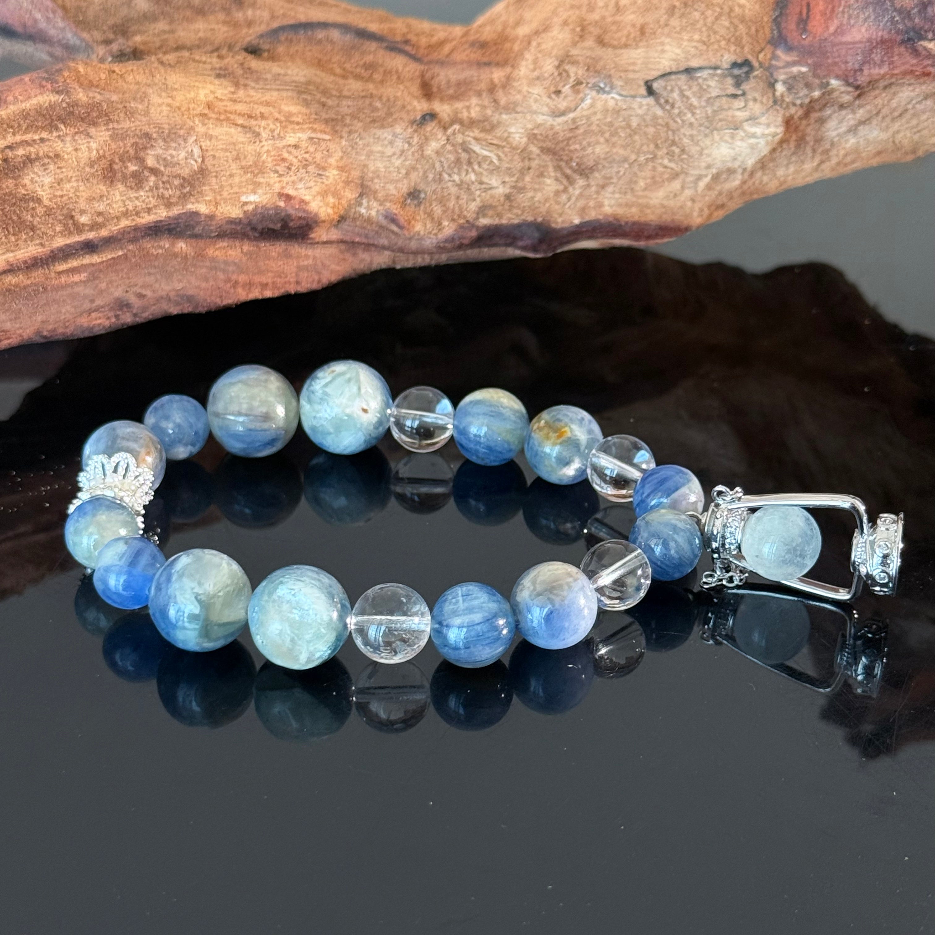 Blue Kyanite & Clear Quartz Crystal Bracelet with Pendant Charm – Handmade Calming Energy Beaded Bracelet