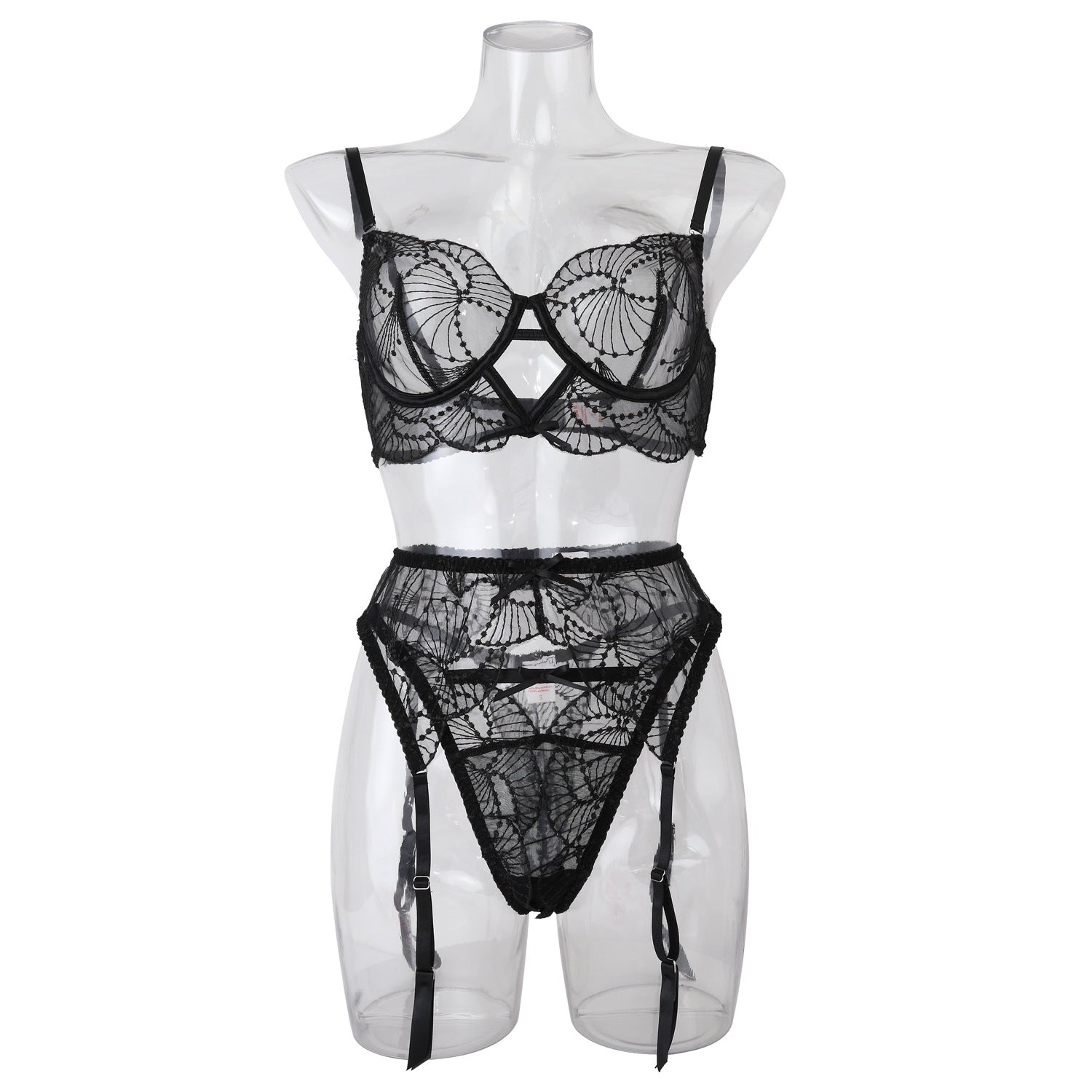 Choker Floral Lace Underwire Bra Sheer Garter Belt Panties Ultra-3-Piece Lingerie Set