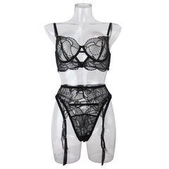 Choker Floral Lace Underwire Bra Sheer Garter Belt Panties Ultra-3-Piece Lingerie Set