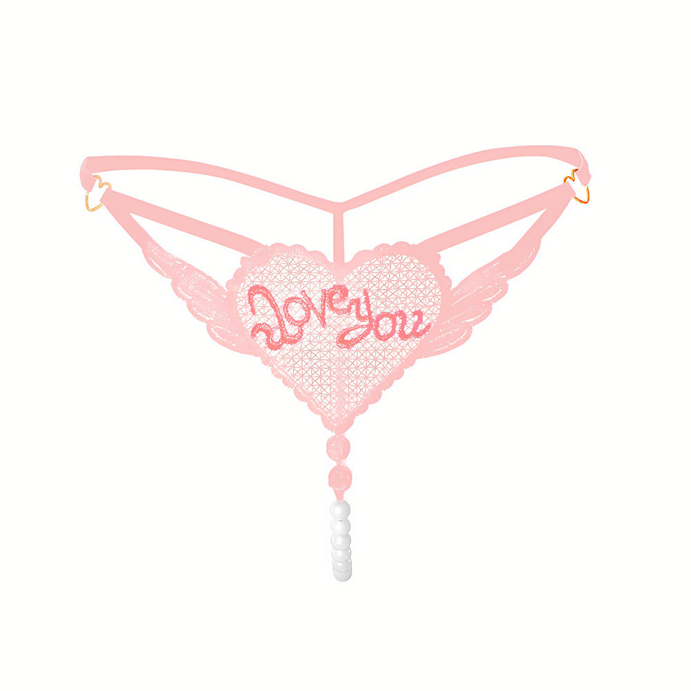 "Love You" Open Crotch Mesh Underwear With Pearls