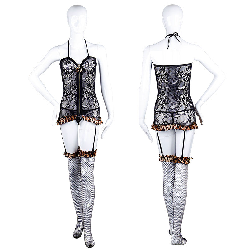 Leopard Print Sheer Zipper Suspender Bodysuit Set